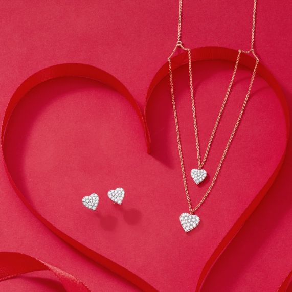 Fine 14k White Gold Diamond Love Charm Pendant Double Open Heart Necklace  with 16