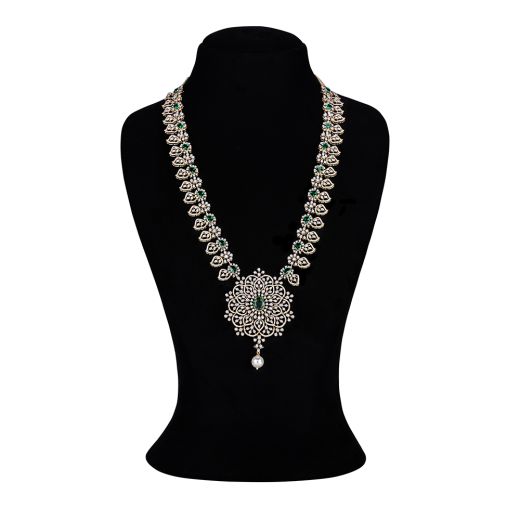 Classy Pearl Drop Design Diamond and Green Gemstones Necklace