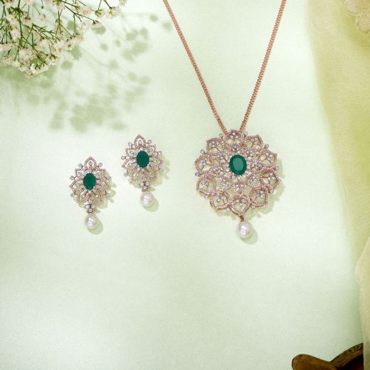 Pearl Drop Floral Diamond Pendant Set
