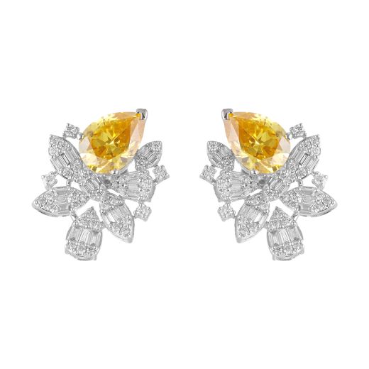 Radiant Floral Diamond and Yellow Stone Earrings