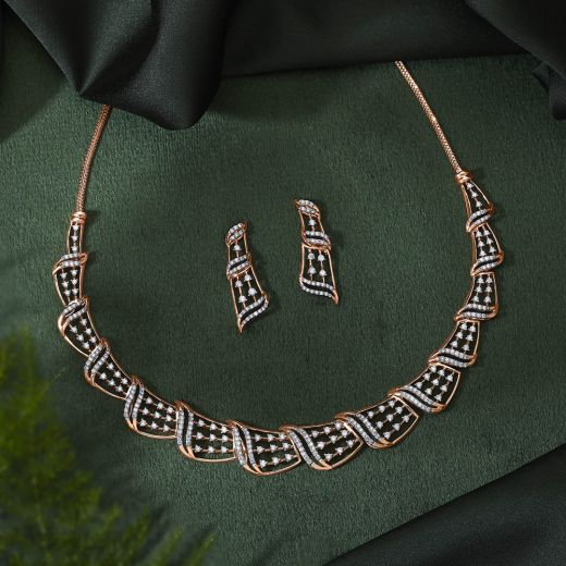 Chic Wave Pattern Diamond Necklace and Earrings Set