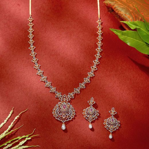 Ornate Diamond Embellished Earrings and Necklace Set