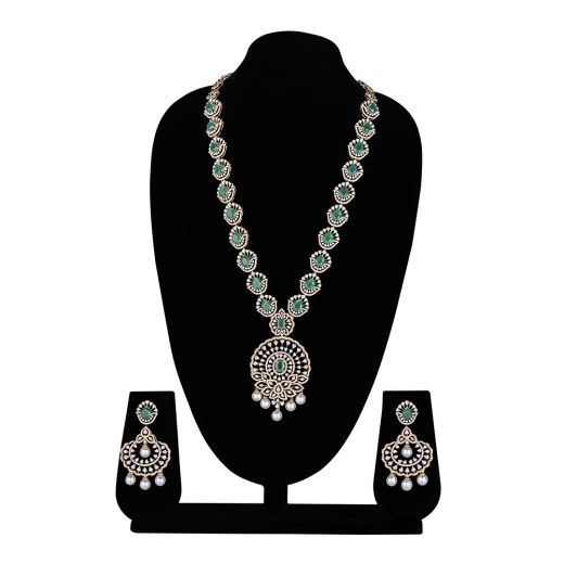 Classic Diamond and Green Gemstone Necklace and Earring Set