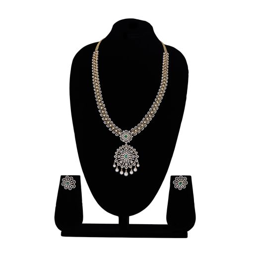 Dazzling Floral Diamond & Green Gemstones Necklace Set