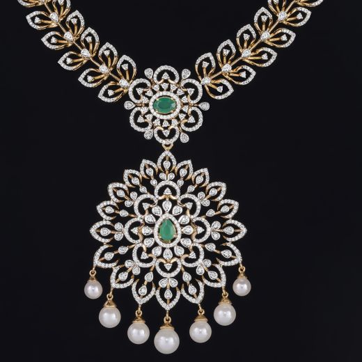 Elaborate Floral Diamond and Green Gemstone Necklace