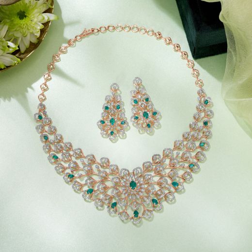 Shimmery Green Colorstone and Diamond Necklace Set